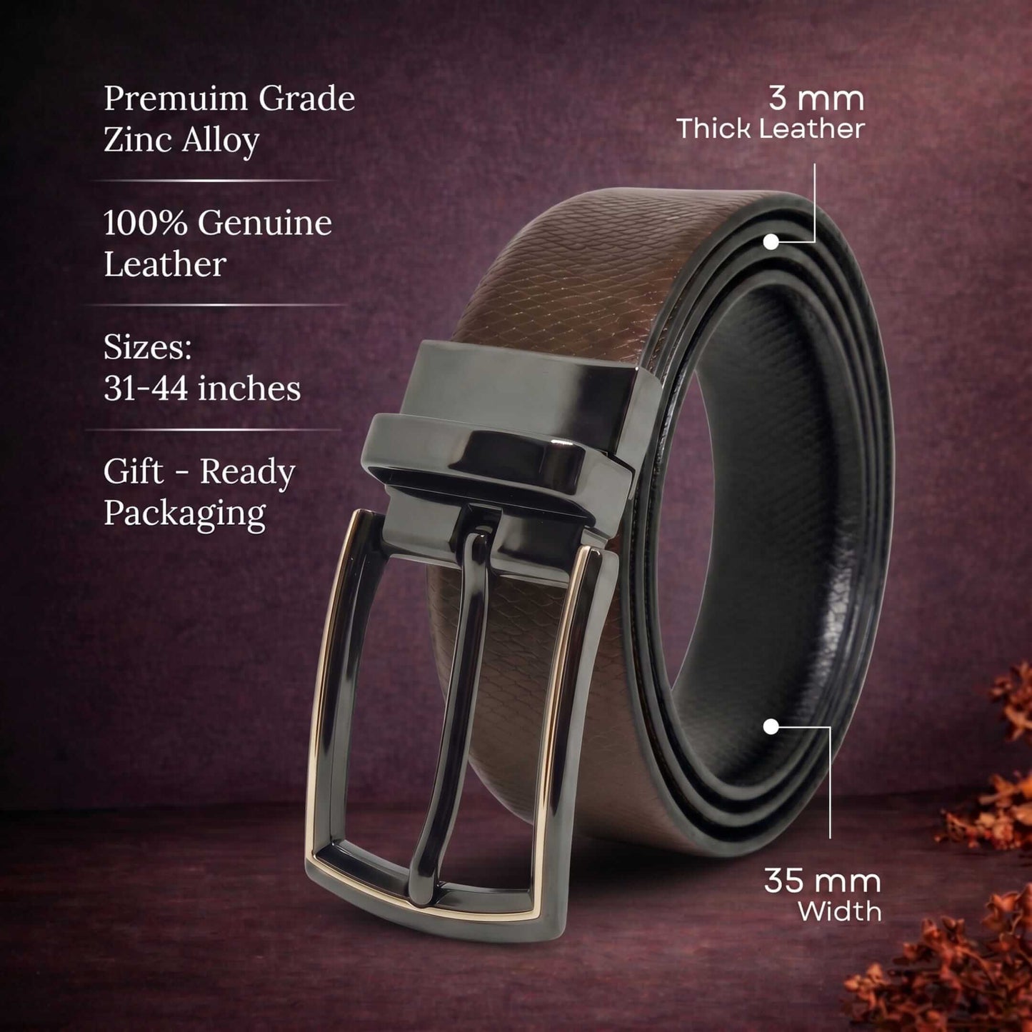 Mens 100% Genuine Leather Belt - REXVA Saffiano Texture, LATCHIX Slim Gunmetal Pin Buckle (Brown & Black Reversible) — Leather Belts for Men | THE MEN THING