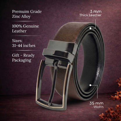 Mens 100% Genuine Leather Belt - REXVA Saffiano Texture, LATCHIX Slim Gunmetal Pin Buckle (Brown & Black Reversible) — Leather Belts for Men | THE MEN THING