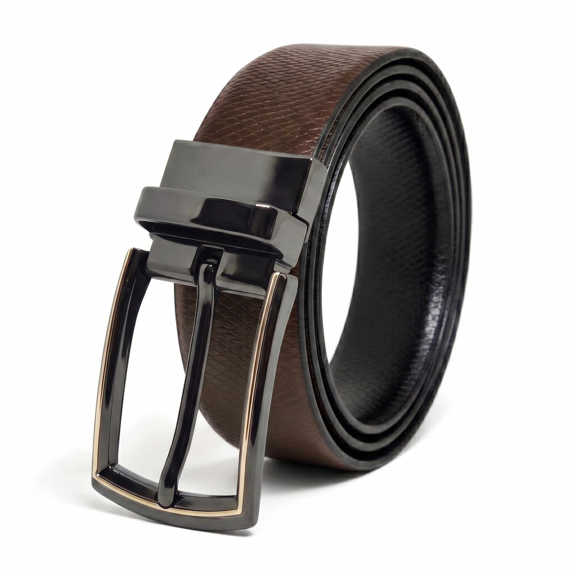 Mens 100% Genuine Leather Belt - REXVA Saffiano Texture, LATCHIX Slim Gunmetal Pin Buckle (Brown & Black Reversible) — Leather Belts for Men | THE MEN THING