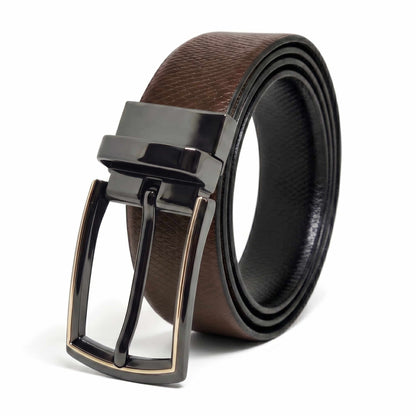 Mens 100% Genuine Leather Belt - REXVA Saffiano Texture, LATCHIX Slim Gunmetal Pin Buckle (Brown & Black Reversible) — Leather Belts for Men | THE MEN THING