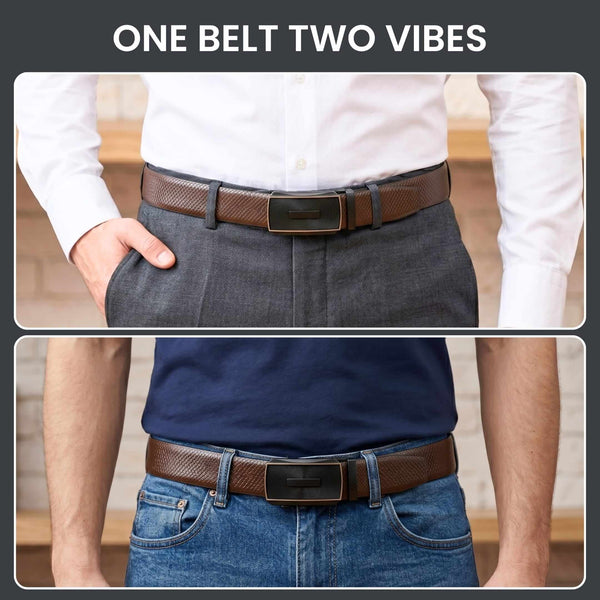 Mens 100% Genuine Leather Belt - REXVA Saffiano Texture, SNAPTOR Gold-Bar Auto-Lock Buckle (Brown & Black Reversible)