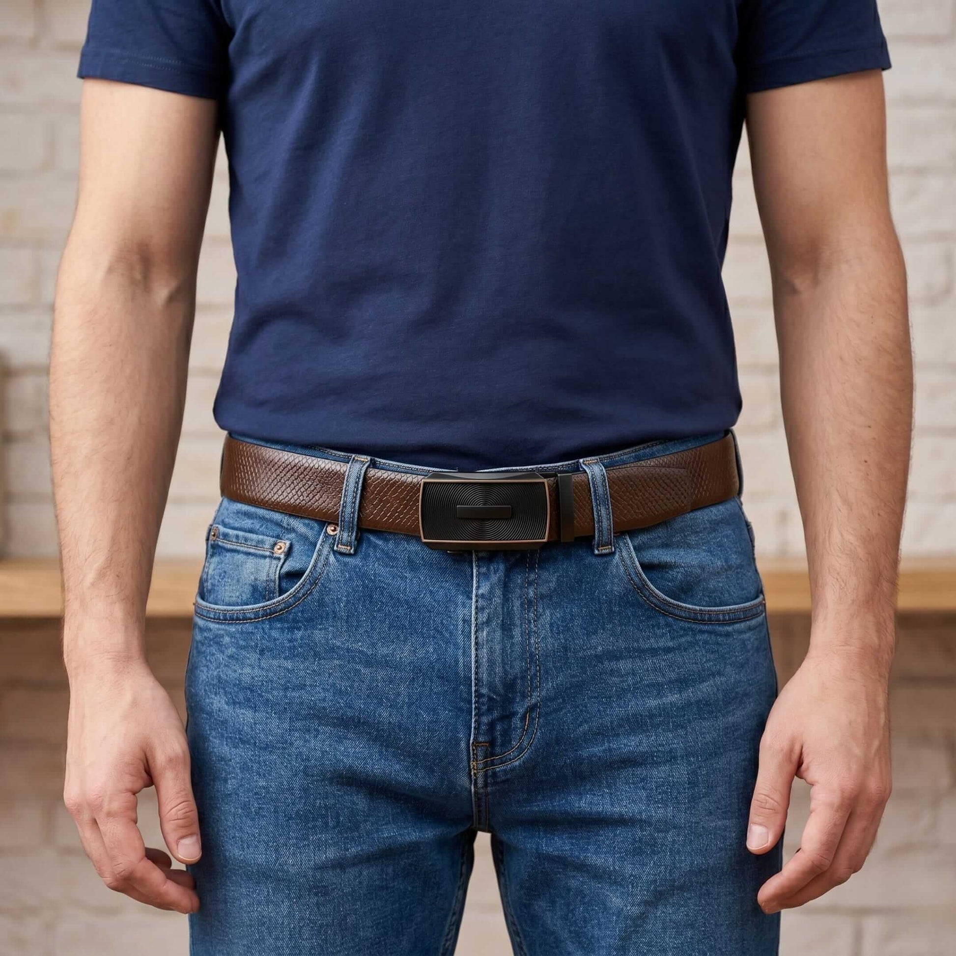 Mens 100% Genuine Leather Belt - REXVA Saffiano Texture, SNAPTOR Gold-Bar Auto-Lock Buckle (Brown & Black Reversible) — Leather Belts for Men | THE MEN THING