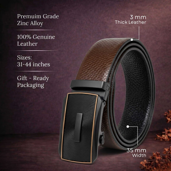 Mens 100% Genuine Leather Belt - REXVA Saffiano Texture, SNAPTOR Gold-Bar Auto-Lock Buckle (Brown & Black Reversible)