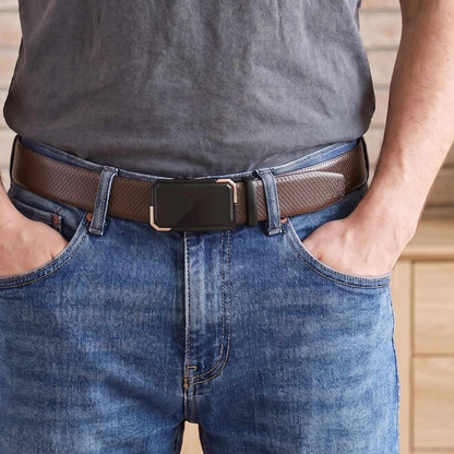 Mens 100% Genuine Leather Belt - REXVA Saffiano Texture, BELVARO Gloss Gold-Frame Auto-Lock Buckle (Brown & Black Reversible) — Leather Belts for Men | THE MEN THING