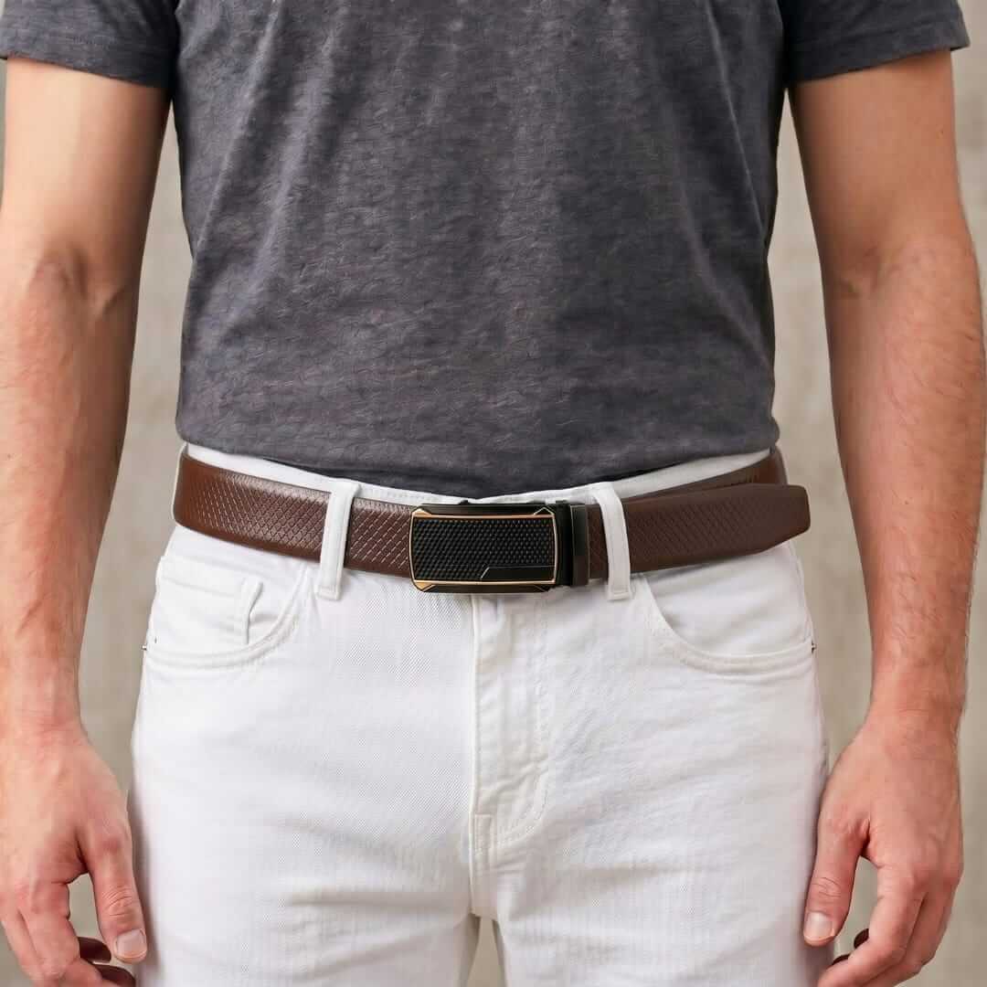 Mens 100% Genuine Leather Belt - REXVA Saffiano Texture, KINGVAR Carbon-Texture Auto-Lock Buckle (Brown & Black Reversible) — Leather Belts for Men | THE MEN THING