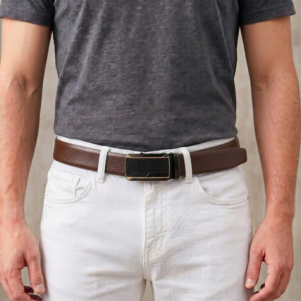Mens 100% Genuine Leather Belt - REXVA Saffiano Texture, KINGVAR Carbon-Texture Auto-Lock Buckle (Brown & Black Reversible)