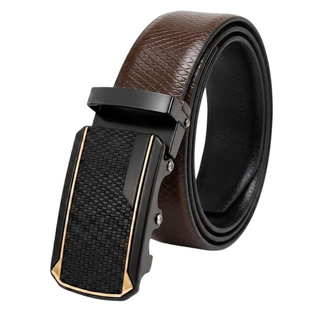Mens 100% Genuine Leather Belt - REXVA Saffiano Texture, KINGVAR Carbon-Texture Auto-Lock Buckle (Brown & Black Reversible) — Leather Belts for Men | THE MEN THING