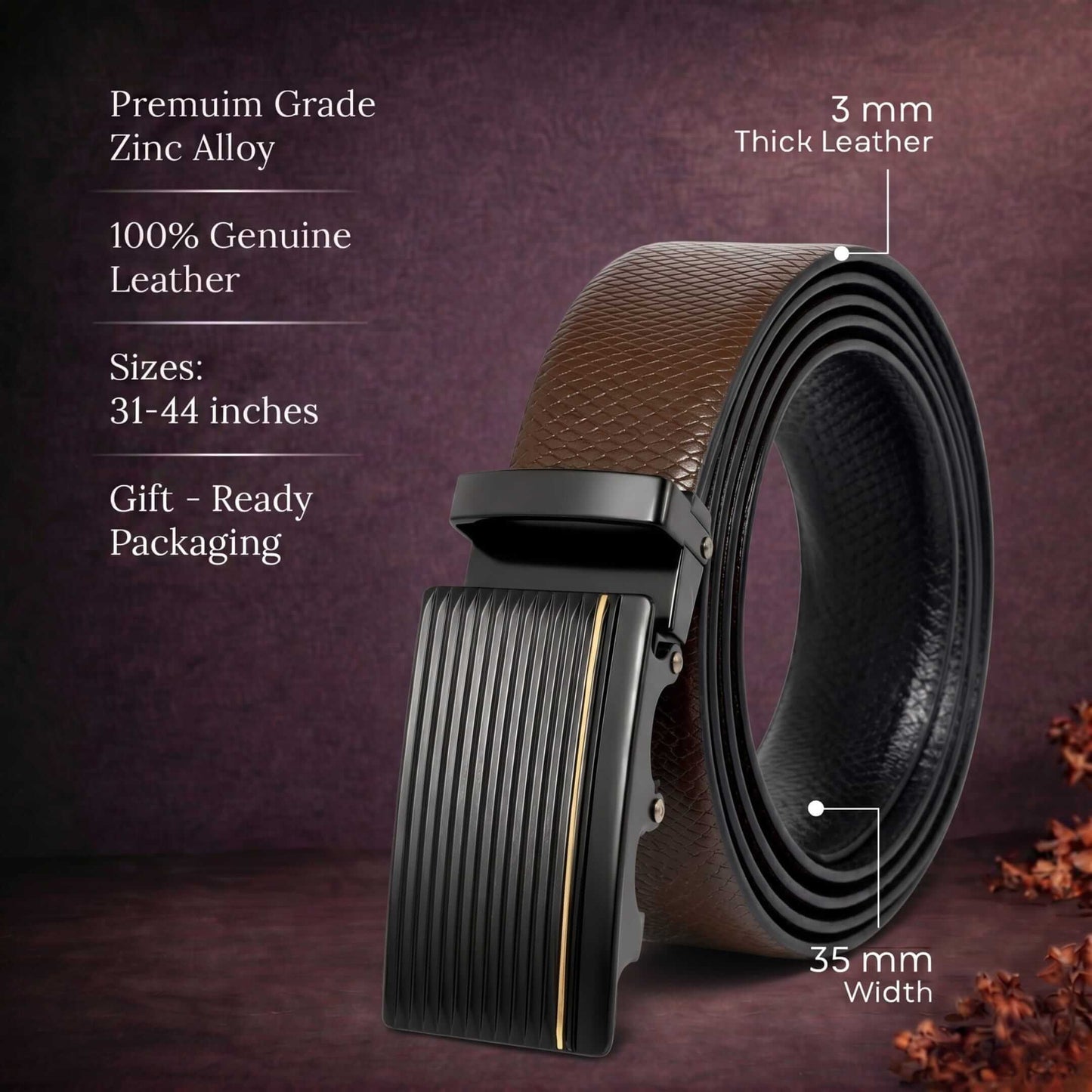 Mens 100% Genuine Leather Belt - REXVA Saffiano Texture, DRAKO Ribbed Auto-Lock Buckle (Brown & Black Reversible) — Leather Belts for Men | THE MEN THING