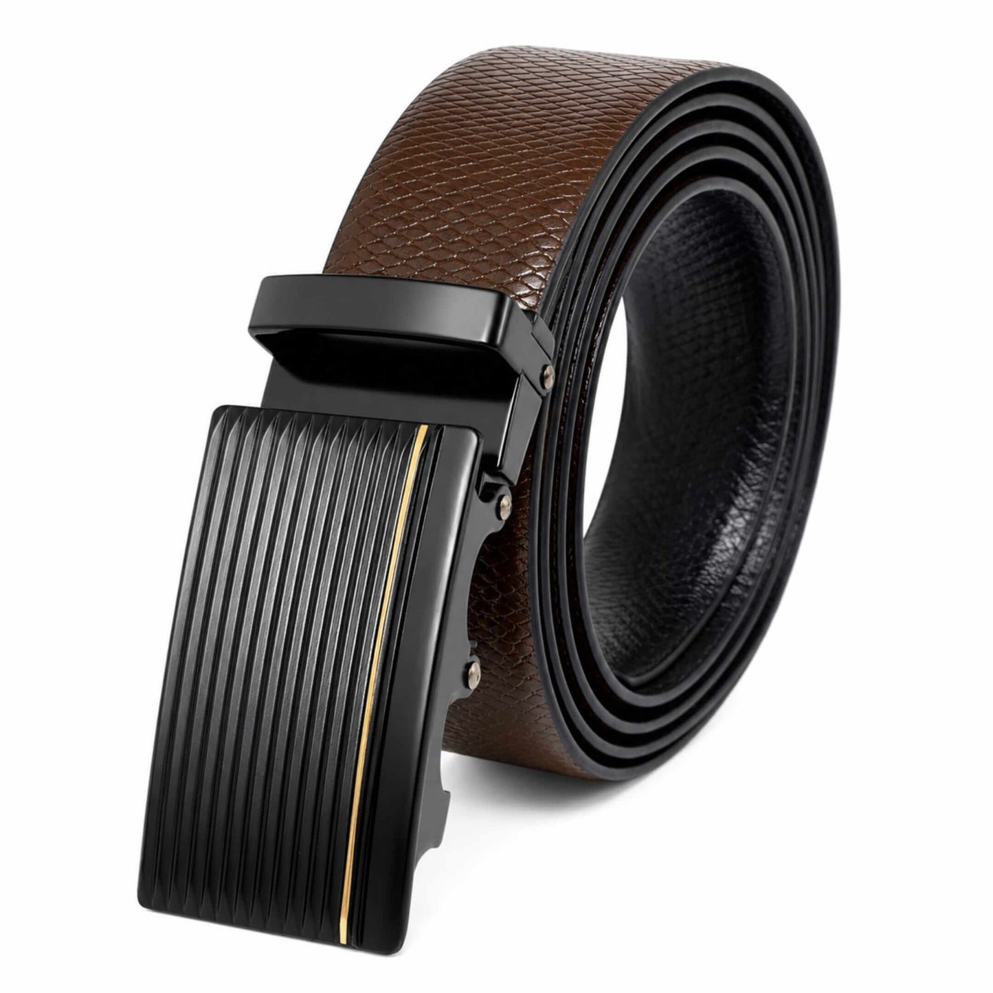 Mens 100% Genuine Leather Belt - REXVA Saffiano Texture, DRAKO Ribbed Auto-Lock Buckle (Brown & Black Reversible) — Leather Belts for Men | THE MEN THING