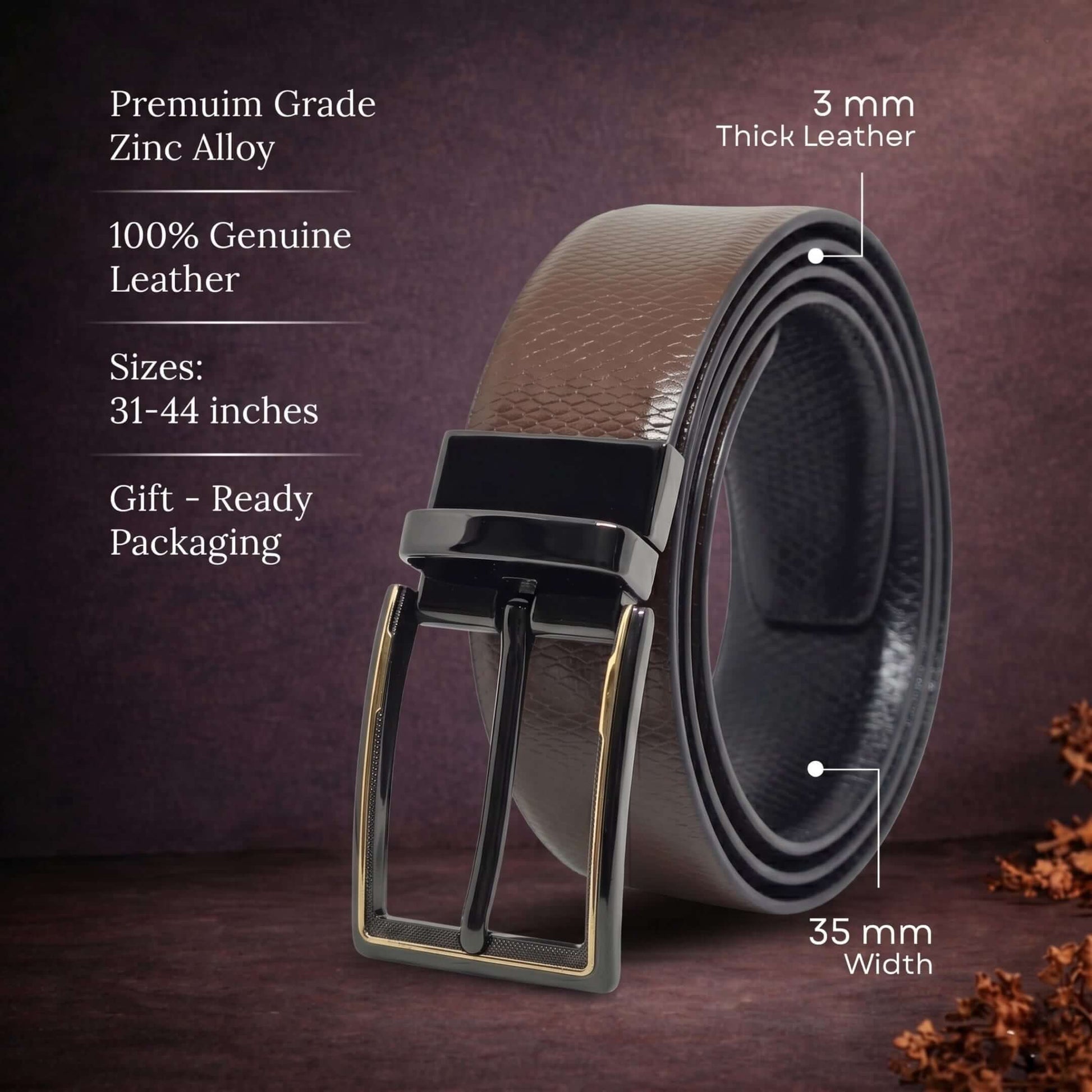 Mens 100% Genuine Leather Belt - REXVA Saffiano Texture, CYRON Gold-Edge Gunmetal Pin Buckle (Brown & Black Reversible) — Leather Belts for Men | THE MEN THING