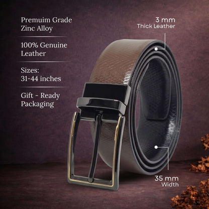 Mens 100% Genuine Leather Belt - REXVA Saffiano Texture, CYRON Gold-Edge Gunmetal Pin Buckle (Brown & Black Reversible) — Leather Belts for Men | THE MEN THING
