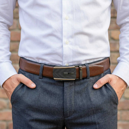 Mens 100% Genuine Leather Belt - REXVA Saffiano Texture, REGALIX Textured Auto-Lock Buckle (Brown & Black Reversible) — Leather Belts for Men | THE MEN THING