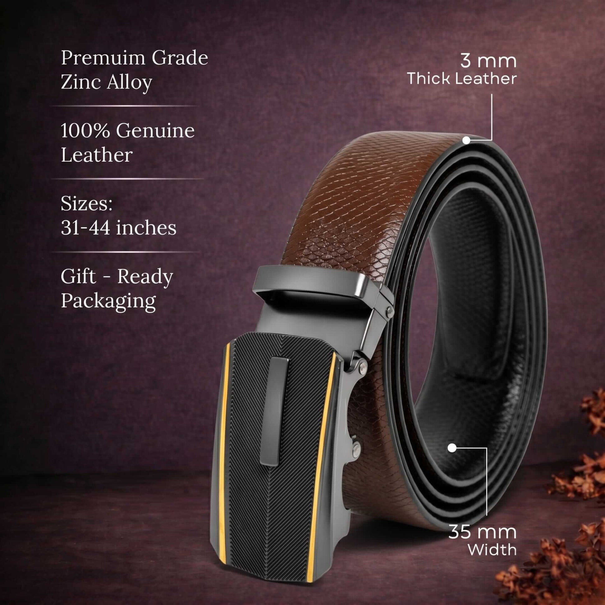 Mens 100% Genuine Leather Belt - REXVA Saffiano Texture, REGALIX Textured Auto-Lock Buckle (Brown & Black Reversible) — Leather Belts for Men | THE MEN THING