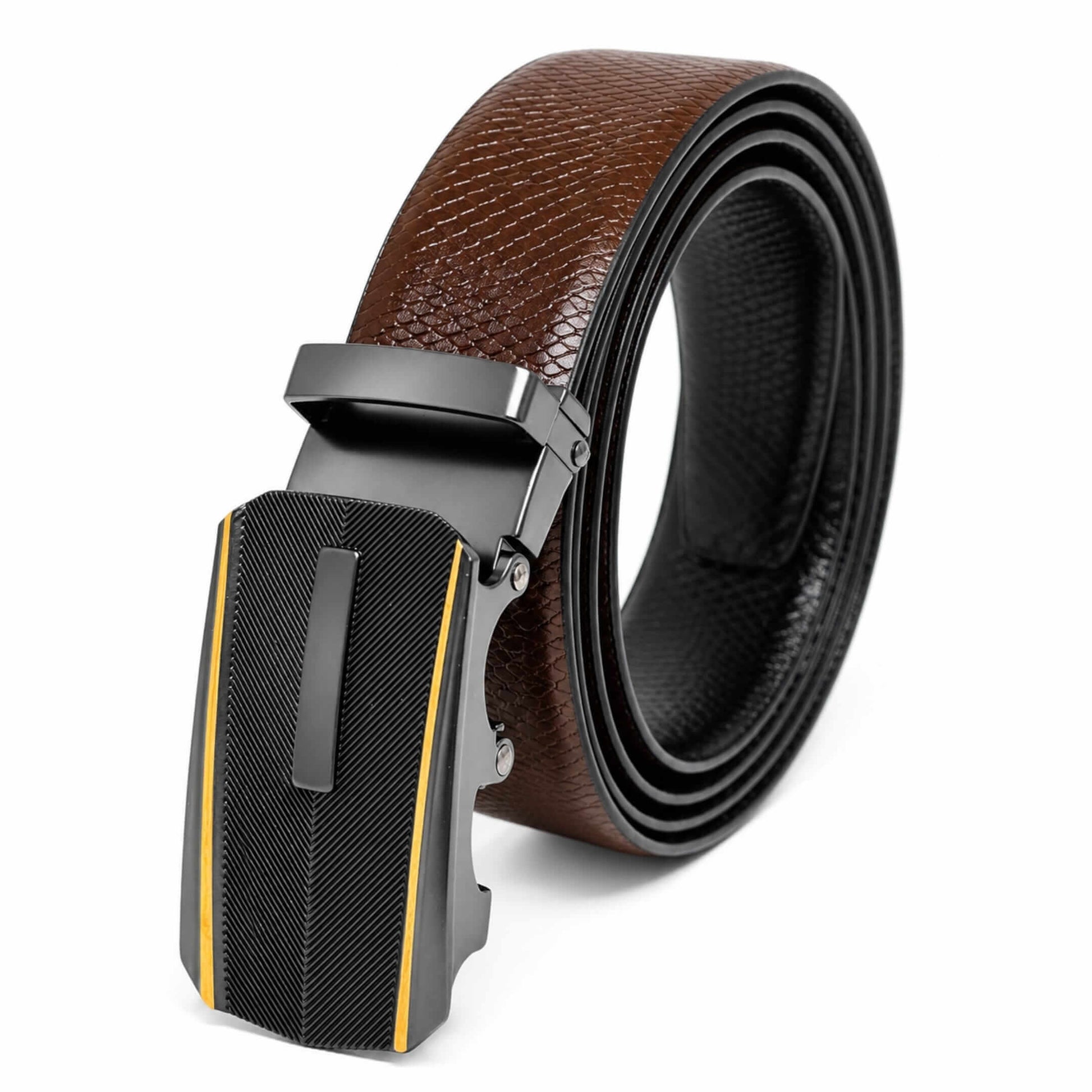 Mens 100% Genuine Leather Belt - REXVA Saffiano Texture, REGALIX Textured Auto-Lock Buckle (Brown & Black Reversible) — Leather Belts for Men | THE MEN THING