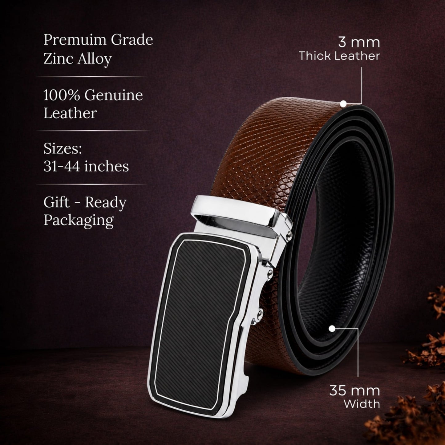 THE MEN THING Leather Belts Mens Genuine Leather Belt | 2 in 1 Reversible (Brown & Black) (1 Pc.) - REXVA