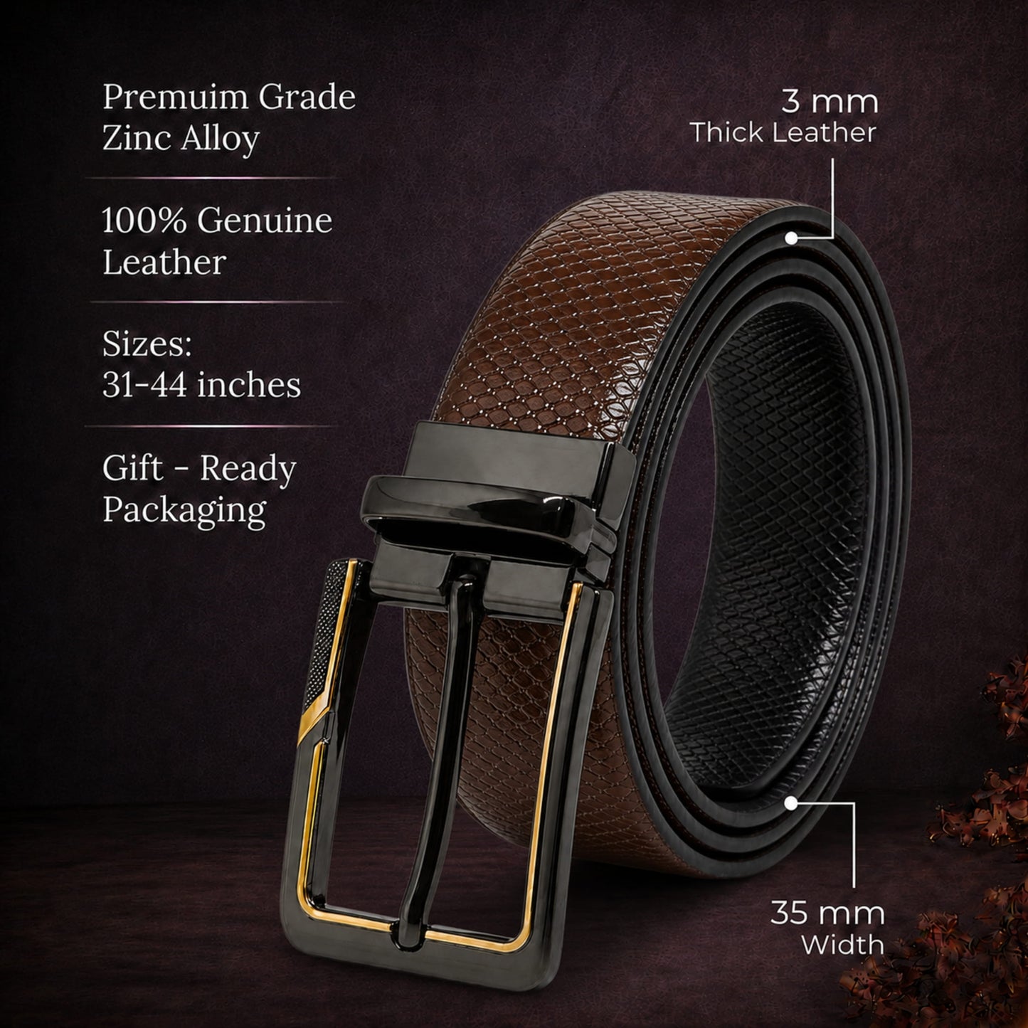 THE MEN THING Leather Belts Mens Genuine Leather Belt | 2 in 1 Reversible (Brown & Black) (1 Pc.) - REXVA -BRAVIX