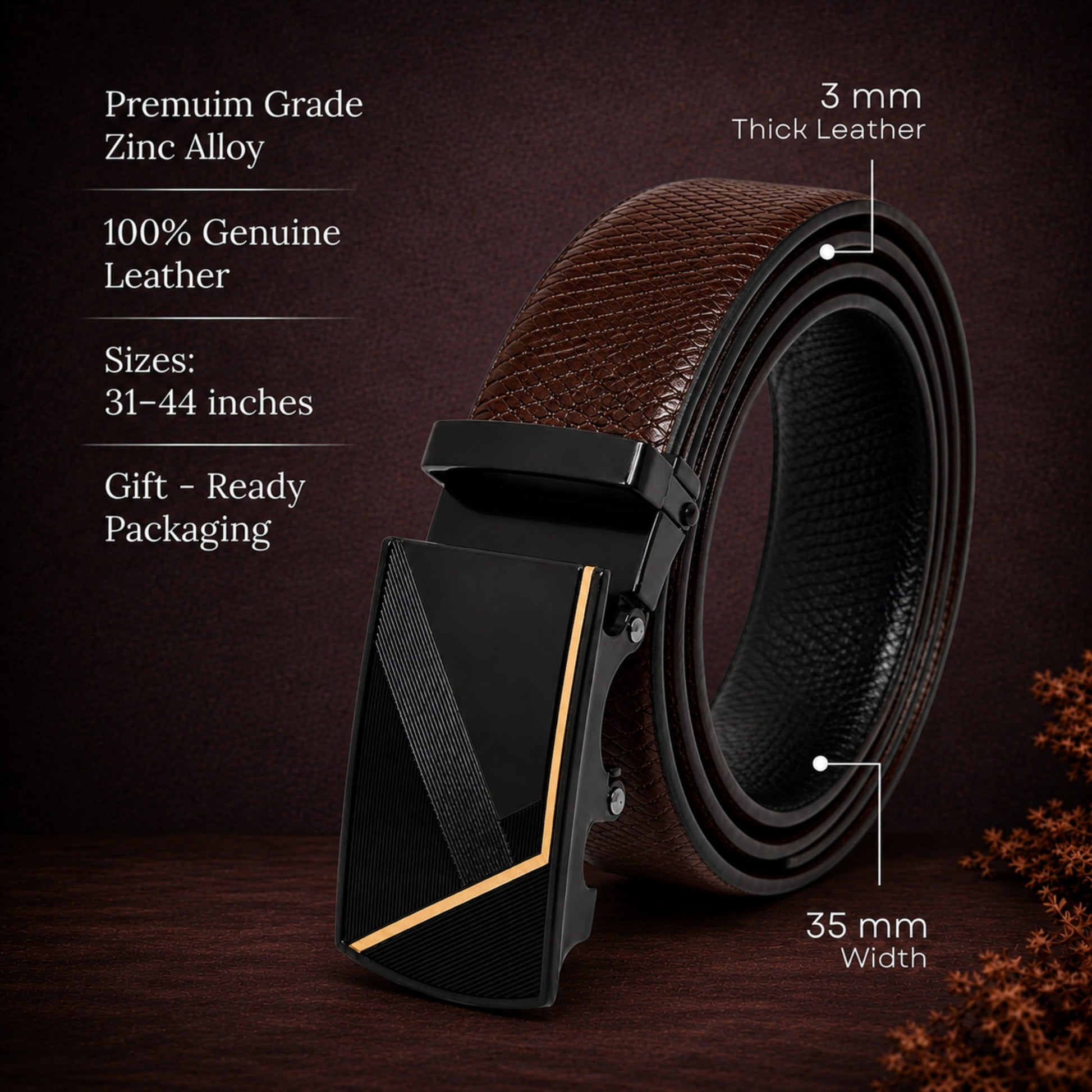 THE MEN THING Leather Belts Mens Genuine Leather Belt | 2 in 1 Reversible (Brown & Black) (1 Pc.) - REXVA - NOCTIS