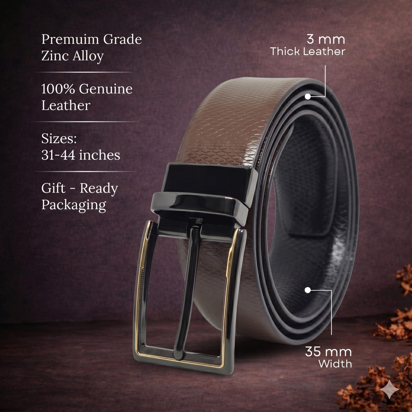 THE MEN THING Leather Belts Mens Genuine Leather Belt | 2 in 1 Reversible (Brown & Black) (1 Pc.) - SERPENTO