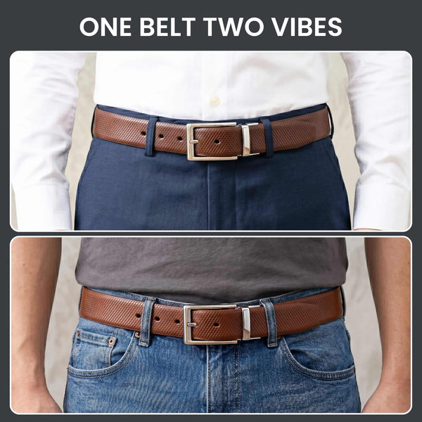 Mens 100% Genuine Leather Belt - SIGNORA Micro-Grain, AXIOM Polished Pin Buckle (Brown & Black Reversible)