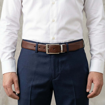 Mens 100% Genuine Leather Belt - SIGNORA Micro-Grain, AXIOM Polished Pin Buckle (Brown & Black Reversible) — Leather Belts for Men | THE MEN THING