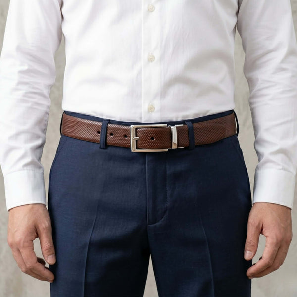 Mens 100% Genuine Leather Belt - SIGNORA Micro-Grain, AXIOM Polished Pin Buckle (Brown & Black Reversible)