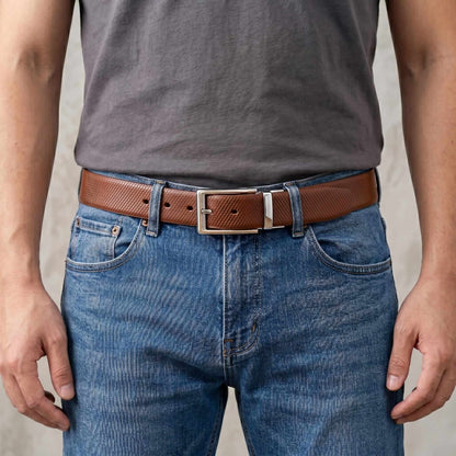 Mens 100% Genuine Leather Belt - SIGNORA Micro-Grain, AXIOM Polished Pin Buckle (Brown & Black Reversible) — Leather Belts for Men | THE MEN THING