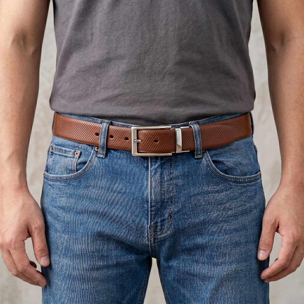 Mens 100% Genuine Leather Belt - SIGNORA Micro-Grain, AXIOM Polished Pin Buckle (Brown & Black Reversible)