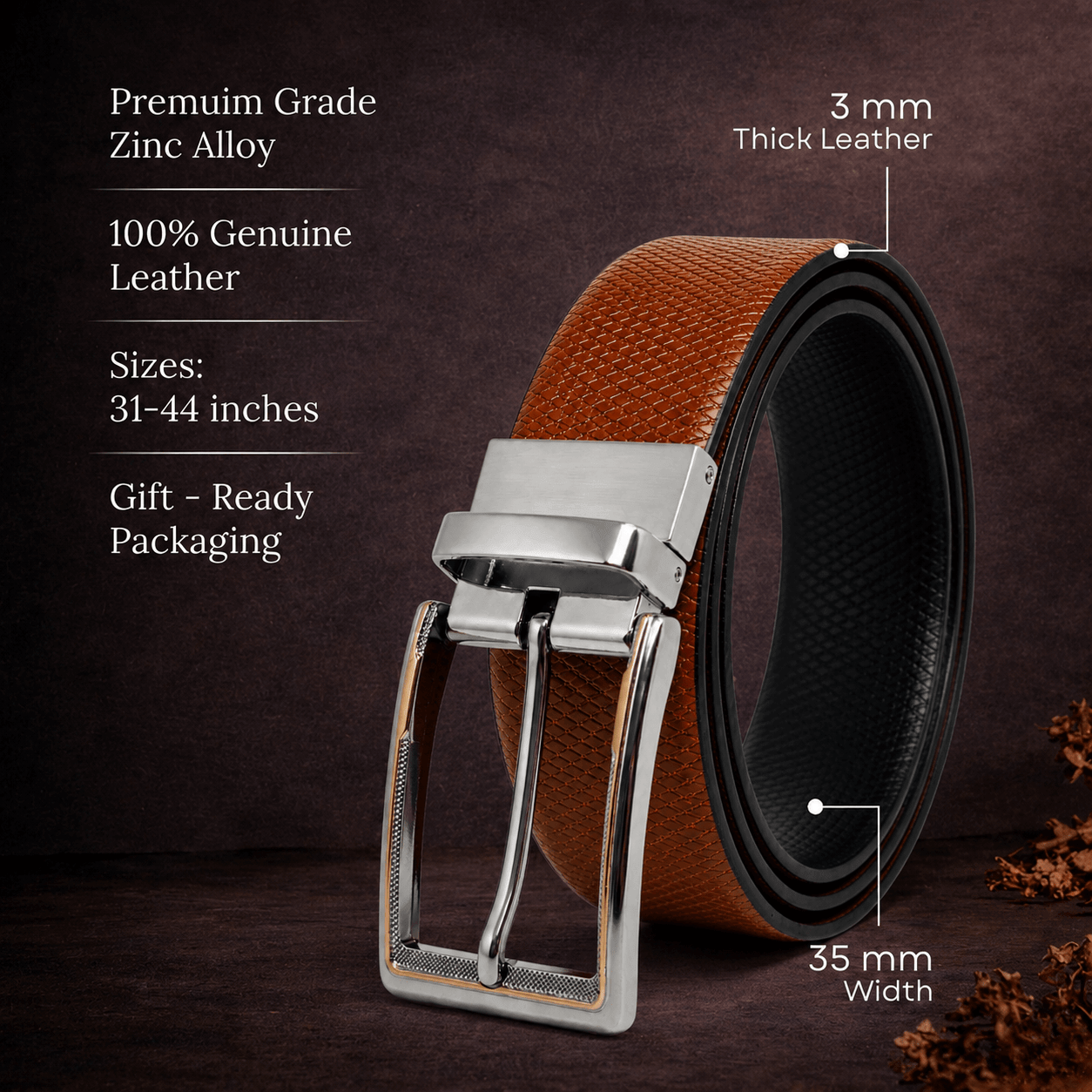 Mens 100% Genuine Leather Belt - SIGNORA Micro-Grain, AXIOM Polished Pin Buckle (Brown & Black Reversible) — Leather Belts for Men | THE MEN THING