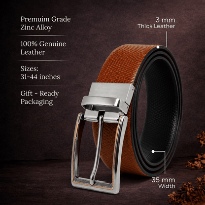 Mens 100% Genuine Leather Belt - SIGNORA Micro-Grain, AXIOM Polished Pin Buckle (Brown & Black Reversible) — Leather Belts for Men | THE MEN THING
