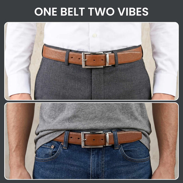 Mens 100% Genuine Leather Belt - SIGNORA Micro-Grain, DYNARO Mirror Chrome Pin Buckle (Brown & Black Reversible)