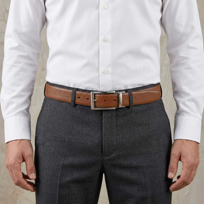 Mens 100% Genuine Leather Belt - SIGNORA Micro-Grain, DYNARO Mirror Chrome Pin Buckle (Brown & Black Reversible) — Leather Belts for Men | THE MEN THING