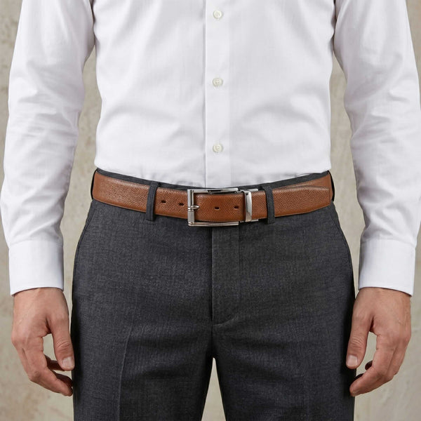 Mens 100% Genuine Leather Belt - SIGNORA Micro-Grain, DYNARO Mirror Chrome Pin Buckle (Brown & Black Reversible)