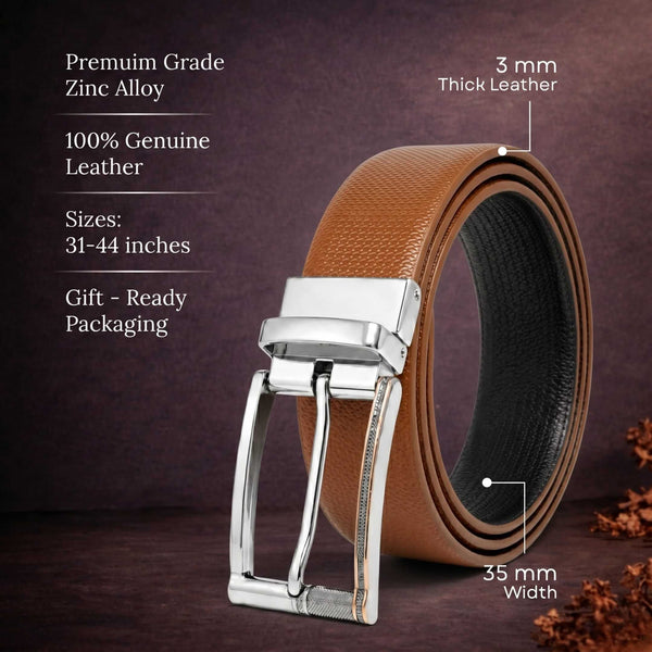 Mens 100% Genuine Leather Belt - SIGNORA Micro-Grain, DYNARO Mirror Chrome Pin Buckle (Brown & Black Reversible)