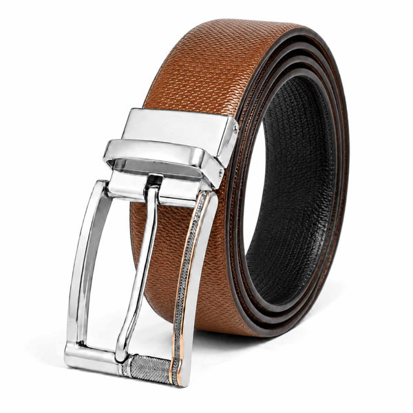Mens 100% Genuine Leather Belt - SIGNORA Micro-Grain, DYNARO Mirror Chrome Pin Buckle (Brown & Black Reversible)
