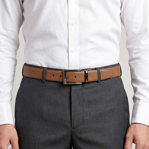 Mens 100% Genuine Leather Belt - SIGNORA Micro-Grain, TORIX Brushed Bronze Pin Buckle (Brown & Black Reversible)