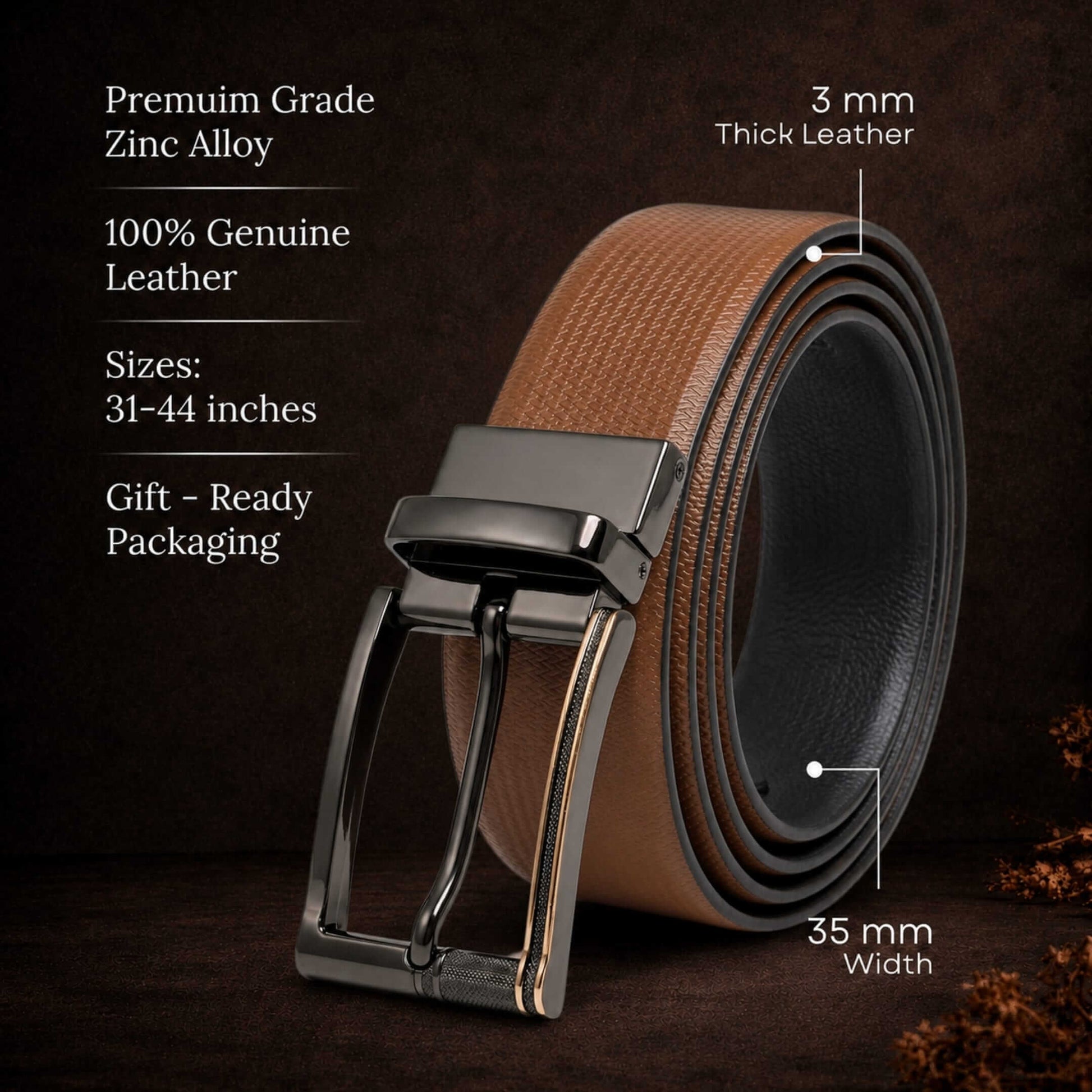 Mens 100% Genuine Leather Belt - SIGNORA Micro-Grain, TORIX Brushed Bronze Pin Buckle (Brown & Black Reversible) — Leather Belts for Men | THE MEN THING