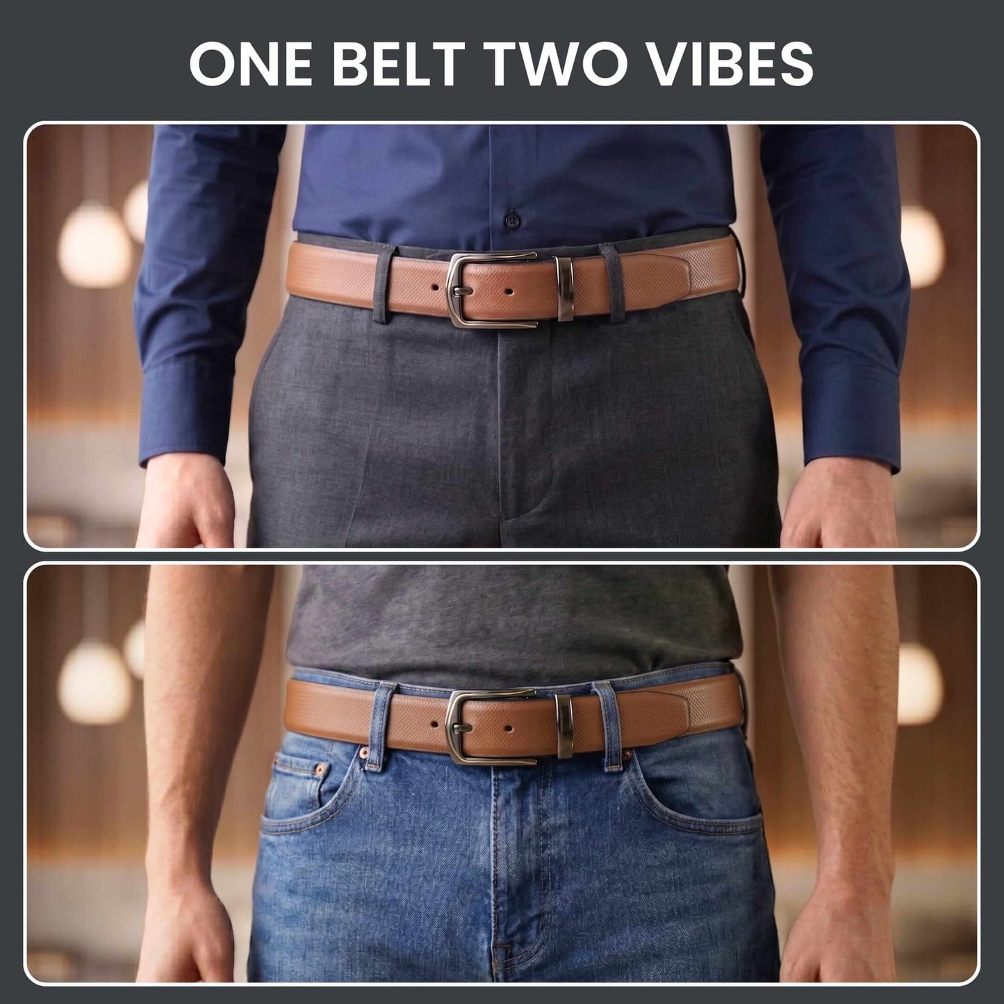 Mens 100% Genuine Leather Belt - SIGNORA Micro-Grain, MORVEX Matte Gunmetal Pin Buckle (Brown & Black Reversible) — Leather Belts for Men | THE MEN THING