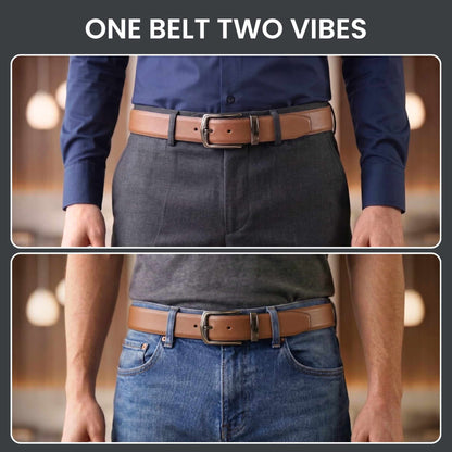 Mens 100% Genuine Leather Belt - SIGNORA Micro-Grain, MORVEX Matte Gunmetal Pin Buckle (Brown & Black Reversible) — Leather Belts for Men | THE MEN THING
