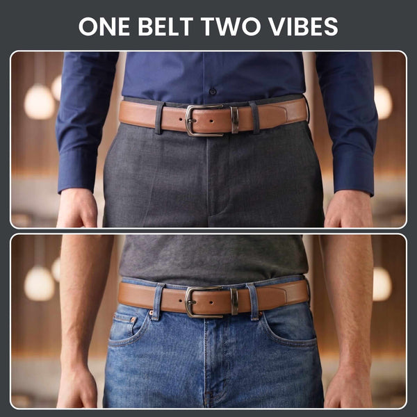 Mens 100% Genuine Leather Belt - SIGNORA Micro-Grain, MORVEX Matte Gunmetal Pin Buckle (Brown & Black Reversible)