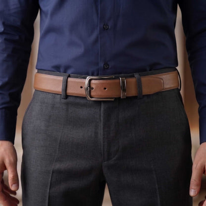 Mens 100% Genuine Leather Belt - SIGNORA Micro-Grain, MORVEX Matte Gunmetal Pin Buckle (Brown & Black Reversible) — Leather Belts for Men | THE MEN THING