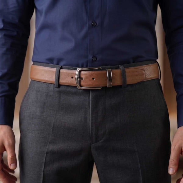 Mens 100% Genuine Leather Belt - SIGNORA Micro-Grain, MORVEX Matte Gunmetal Pin Buckle (Brown & Black Reversible)