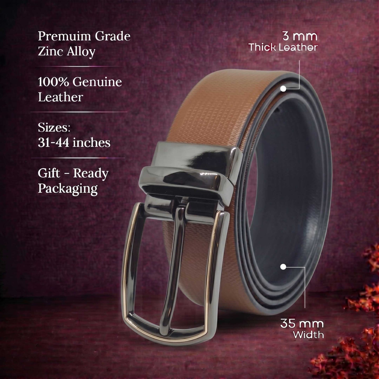 Mens 100% Genuine Leather Belt - SIGNORA Micro-Grain, MORVEX Matte Gunmetal Pin Buckle (Brown & Black Reversible) — Leather Belts for Men | THE MEN THING