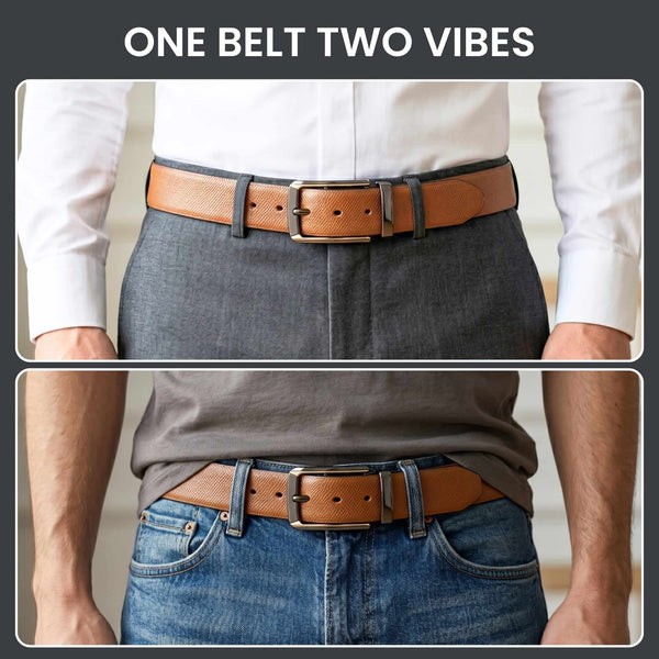 Mens 100% Genuine Leather Belt - SIGNORA Micro-Grain, TORVIK Gold-Border Gunmetal Pin Buckle (Brown & Black Reversible)