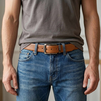 Mens 100% Genuine Leather Belt - SIGNORA Micro-Grain, TORVIK Gold-Border Gunmetal Pin Buckle (Brown & Black Reversible) — Leather Belts for Men | THE MEN THING