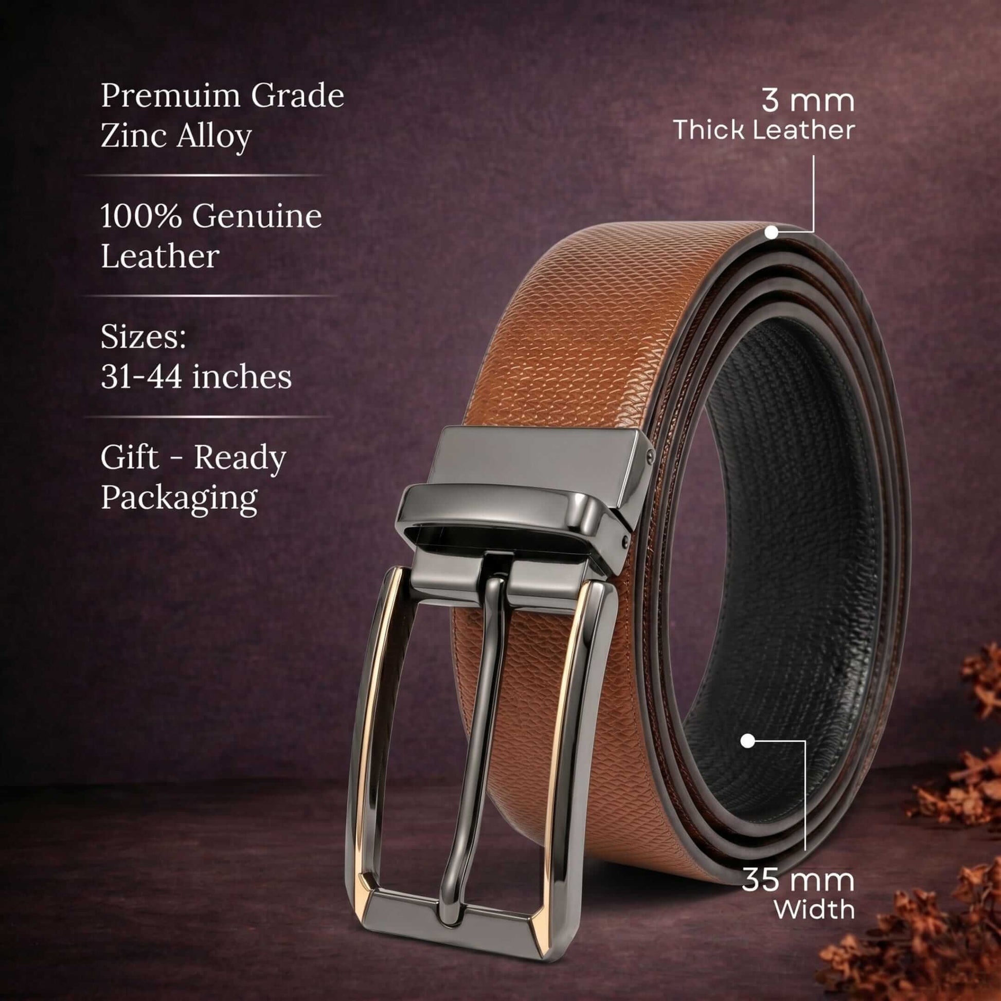 Mens 100% Genuine Leather Belt - SIGNORA Micro-Grain, TORVIK Gold-Border Gunmetal Pin Buckle (Brown & Black Reversible) — Leather Belts for Men | THE MEN THING