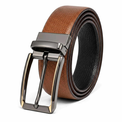 Mens 100% Genuine Leather Belt - SIGNORA Micro-Grain, TORVIK Gold-Border Gunmetal Pin Buckle (Brown & Black Reversible) — Leather Belts for Men | THE MEN THING