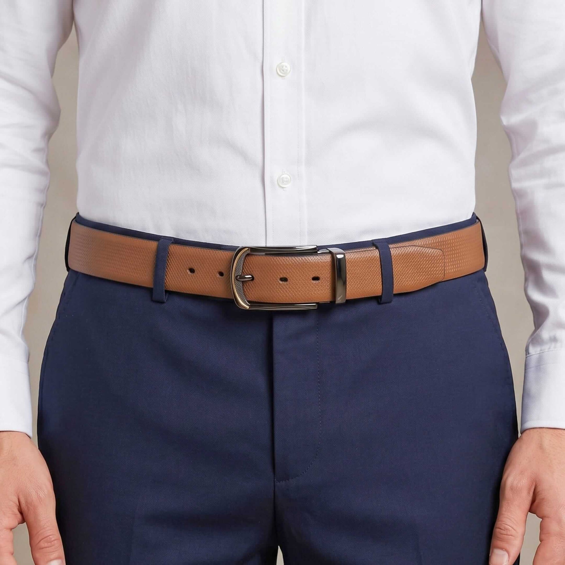 Mens 100% Genuine Leather Belt - SIGNORA Micro-Grain, ARQON Gold-Trim Gunmetal Pin Buckle (Brown & Black Reversible) — Leather Belts for Men | THE MEN THING