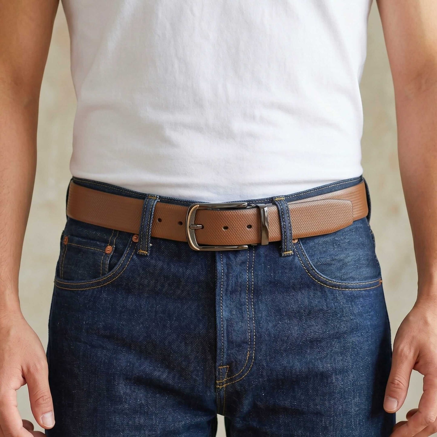 Mens 100% Genuine Leather Belt - SIGNORA Micro-Grain, ARQON Gold-Trim Gunmetal Pin Buckle (Brown & Black Reversible) — Leather Belts for Men | THE MEN THING