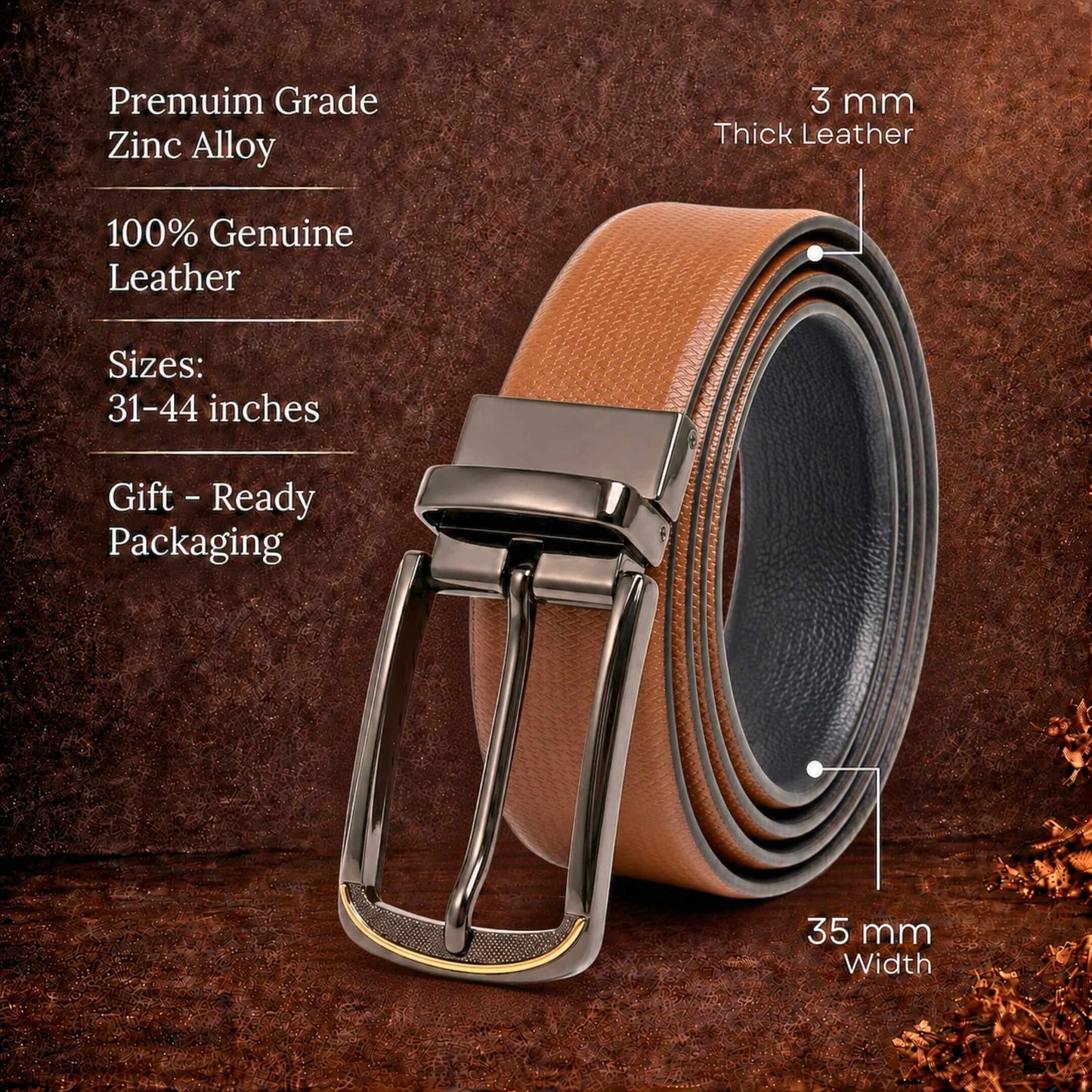 Mens 100% Genuine Leather Belt - SIGNORA Micro-Grain, ARQON Gold-Trim Gunmetal Pin Buckle (Brown & Black Reversible) — Leather Belts for Men | THE MEN THING