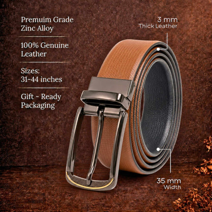Mens 100% Genuine Leather Belt - SIGNORA Micro-Grain, ARQON Gold-Trim Gunmetal Pin Buckle (Brown & Black Reversible) — Leather Belts for Men | THE MEN THING